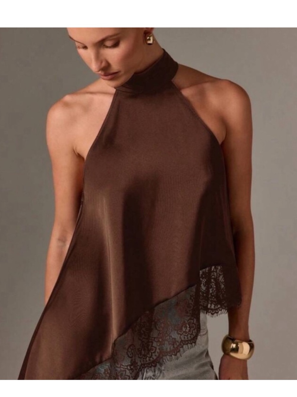 New Women Sleeveless High Neck Lace Trim Asymmetric Satin Top Evening